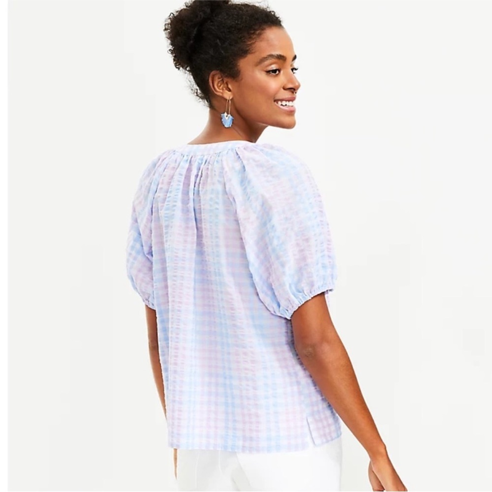 LOFT Pastel Tie Neck Pastel Striped Gingham Plaid Puff Sleeve Top Size XS - Picture 4 of 9